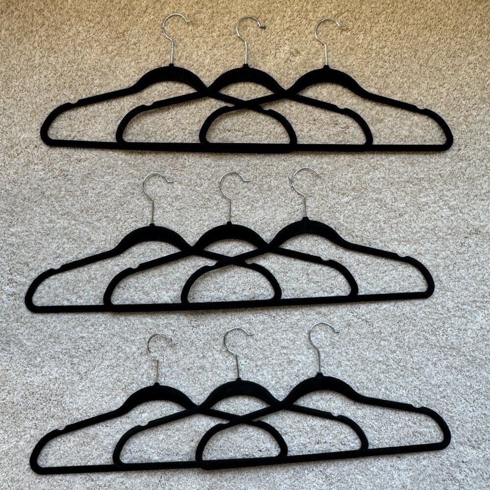 Set of 12 Velvet Non-Slip Hangers, Heavy Duty, Slim Profile - Black Silver Hook